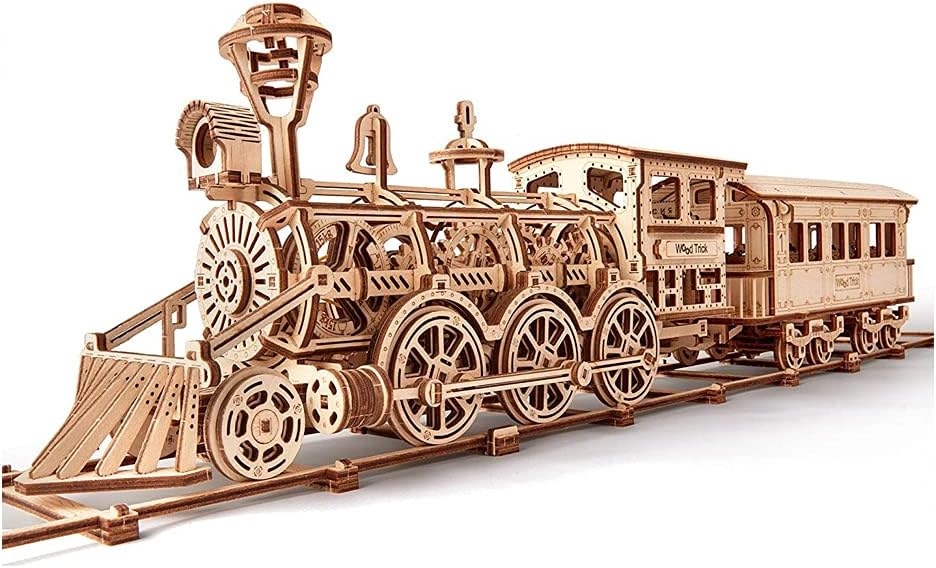 Wooden Toy Train Set with Railway - 34x7″ - Mechanical Model Kit - 3D Wooden Puzzle - DIY Toy Pack of 2 G4074