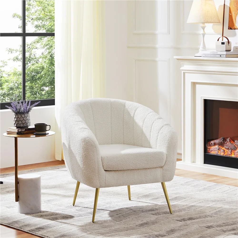 Ivory Tufted Boucle Barrel Accent Armchair with Gold Metal Legs M571