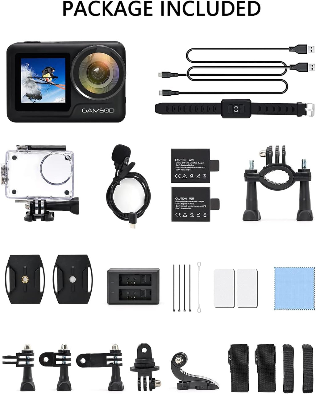 4K 60FPS Waterproof Action Camera with Stabilization, WiFi, Dual Screen, 2 Batteries J1361