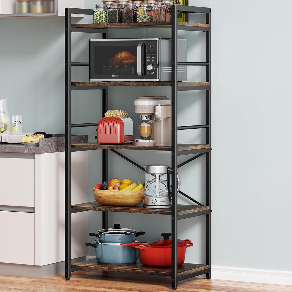 5-Tier Bakers Rack with Storage, Microwave Stand, Free Standing Kitchen Storage Shelf Rack (Black) T238