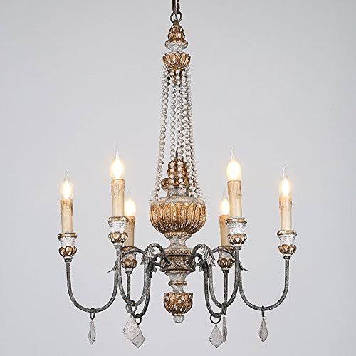 Retro Rustic 6-Light Wood Metal Crystal Candle Style Chandelier B12187