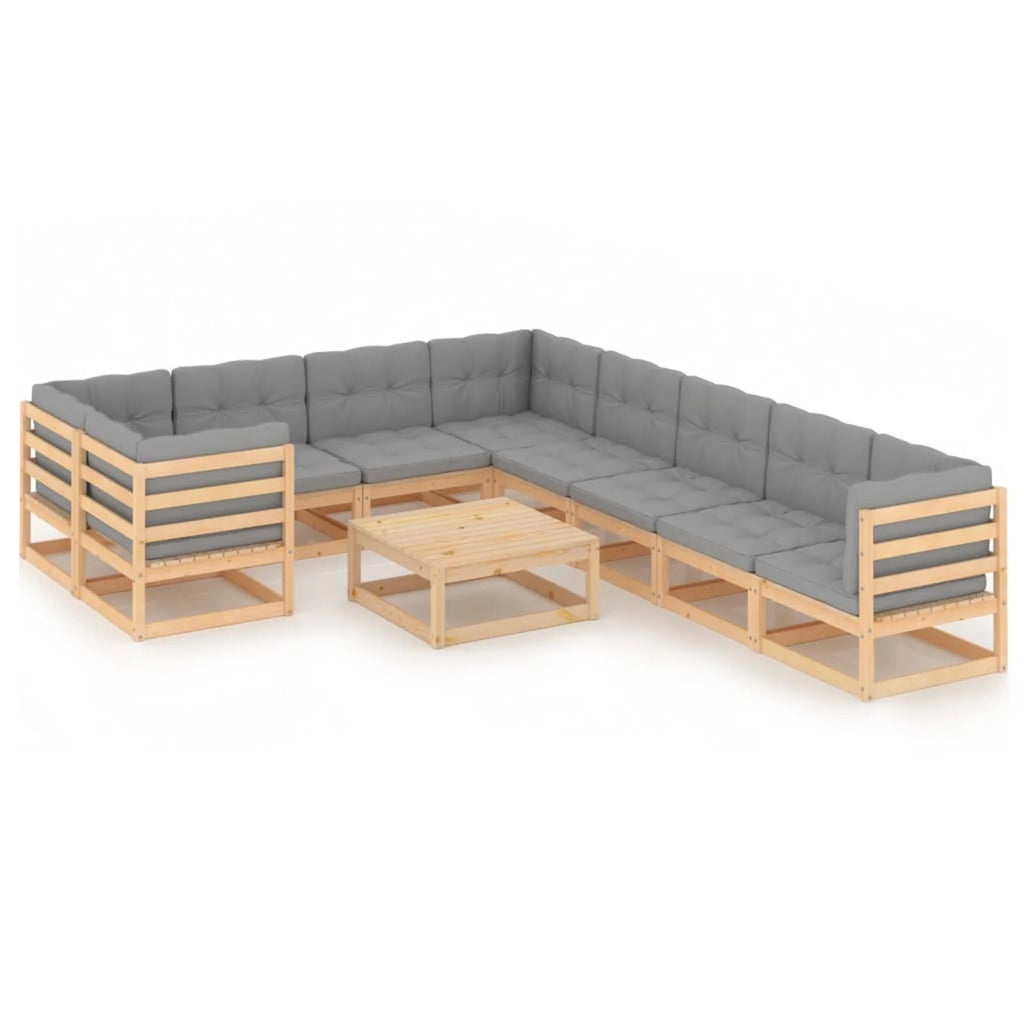 10 Piece Patio Lounge Set with Gray Cushion Pinewood Sectional Outdoor Furniture Set S65264