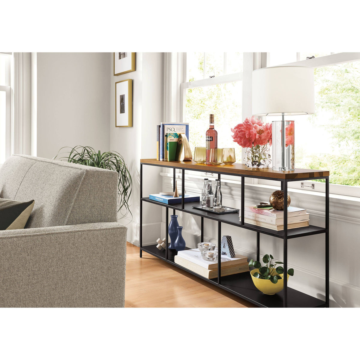 Recycled Natural Steel Console Table with Clear Tempered Glass Top R733910
