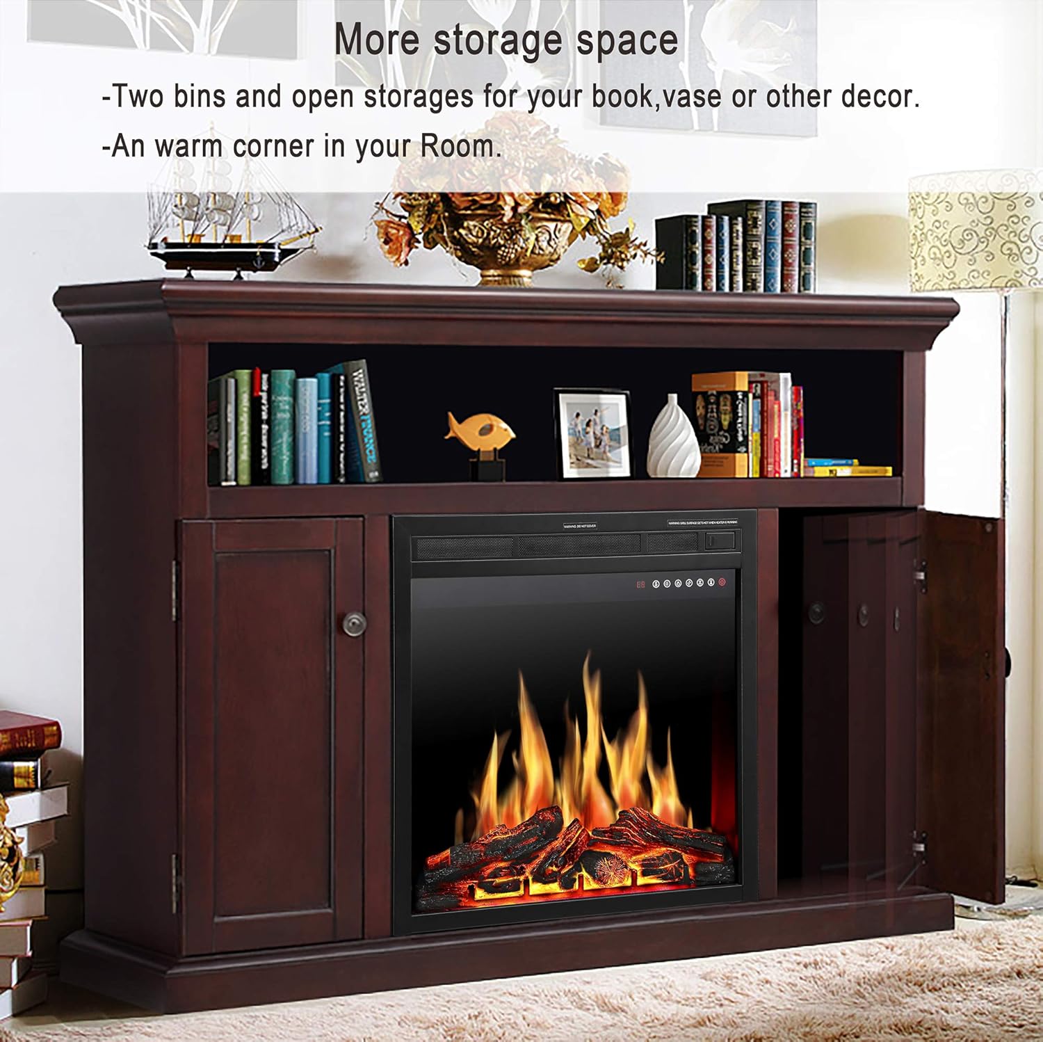 Electric Fireplace TV Stand Wood Mantel with LED Flames, Storage Bin, Remote Control, Dark Espresso C59041