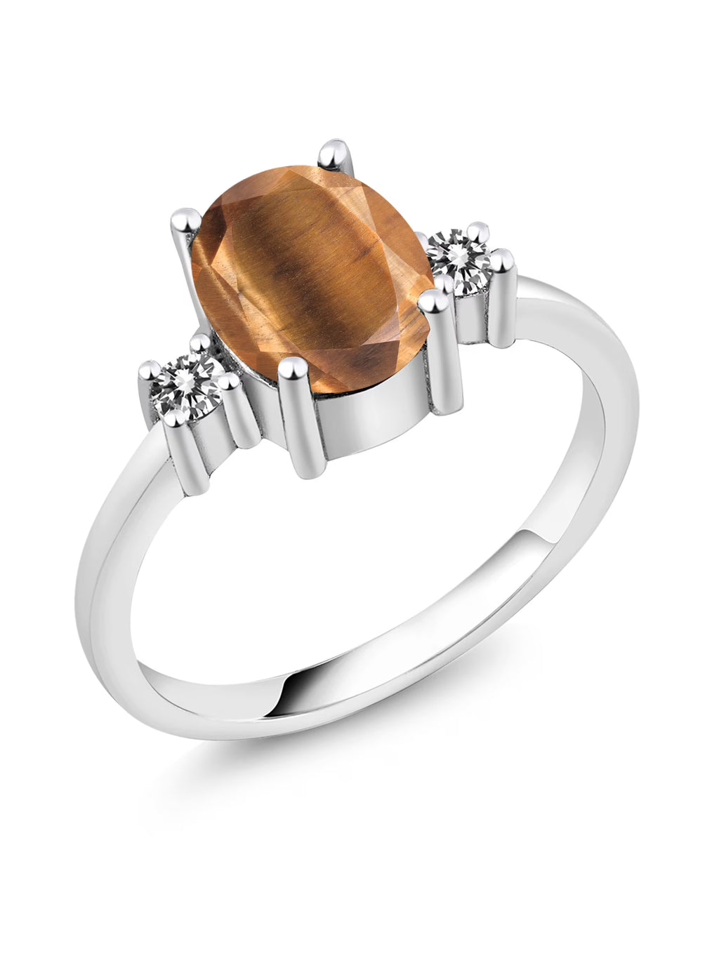 Oval Brown Tiger Eye White Diamond 925 Sterling Silver Ring G5793