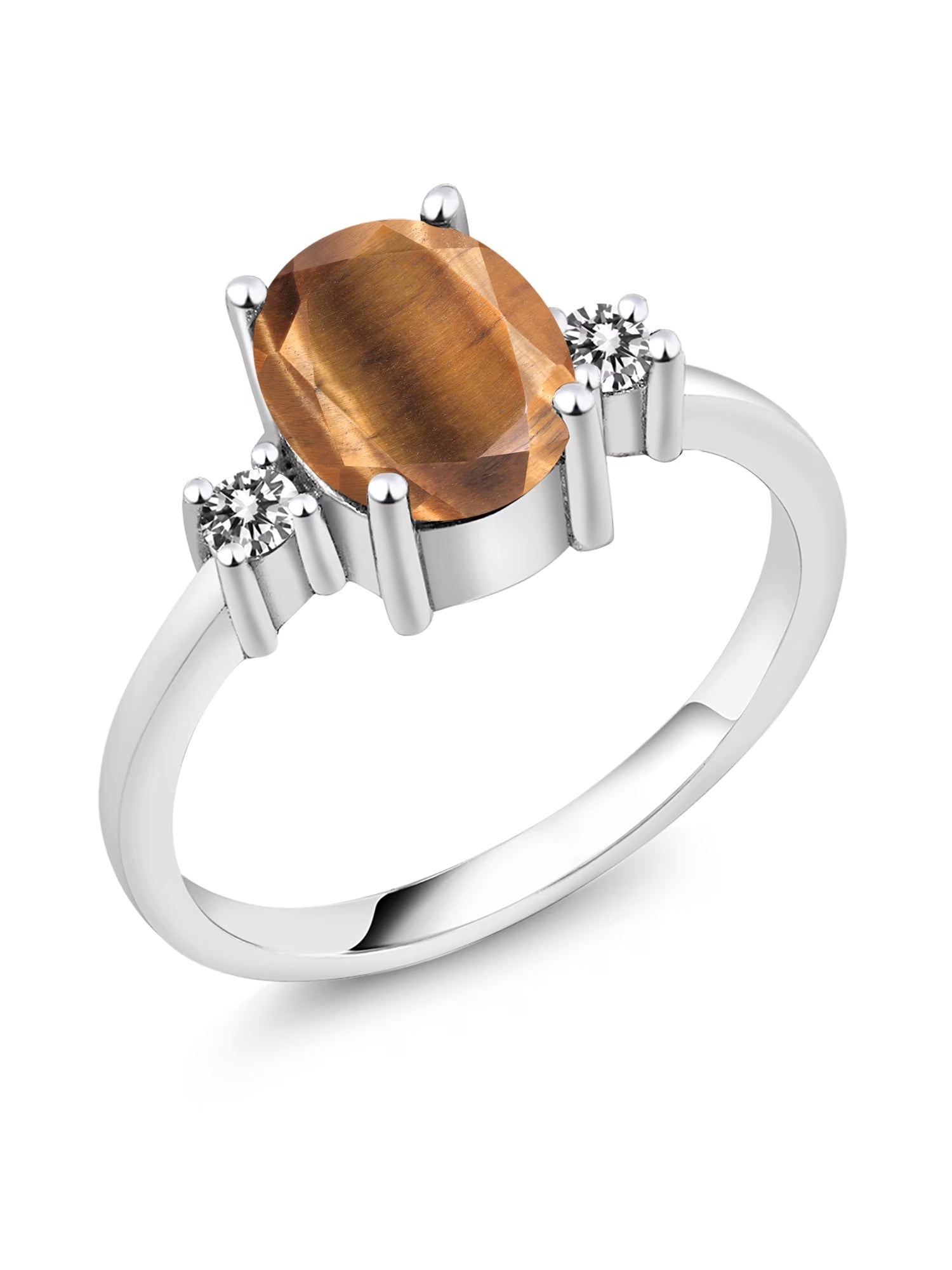 Oval Brown Tiger Eye White Diamond 925 Sterling Silver Ring G5793