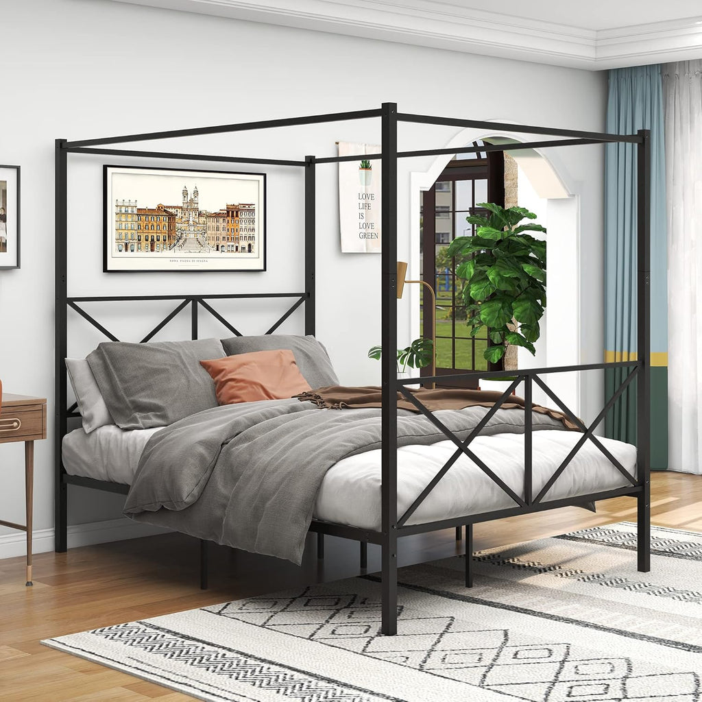 Queen Size Metal Canopy Bed with Headboard K62547