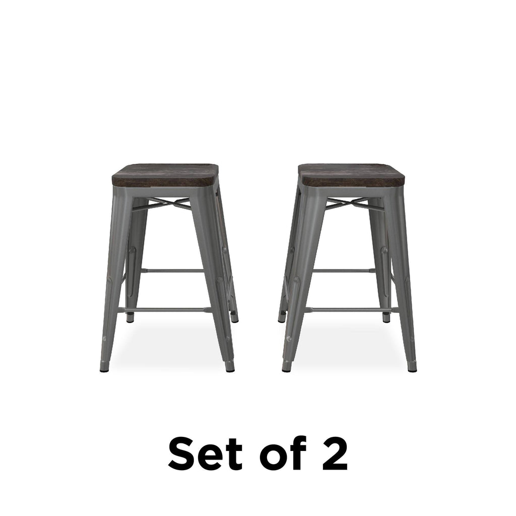 24-Inch Metal Counter Stool with Wood Seat (Set of 2) - Silver S375