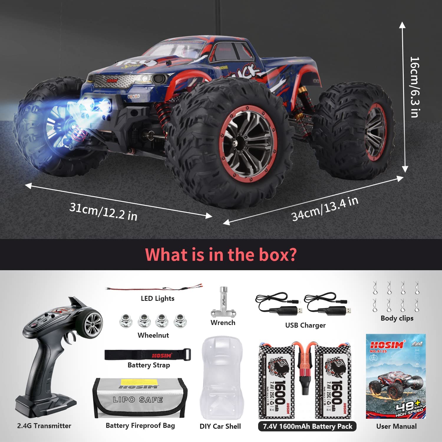 1:10 4WD RC Monster Truck, 48+ KMH, 2 Batteries P194