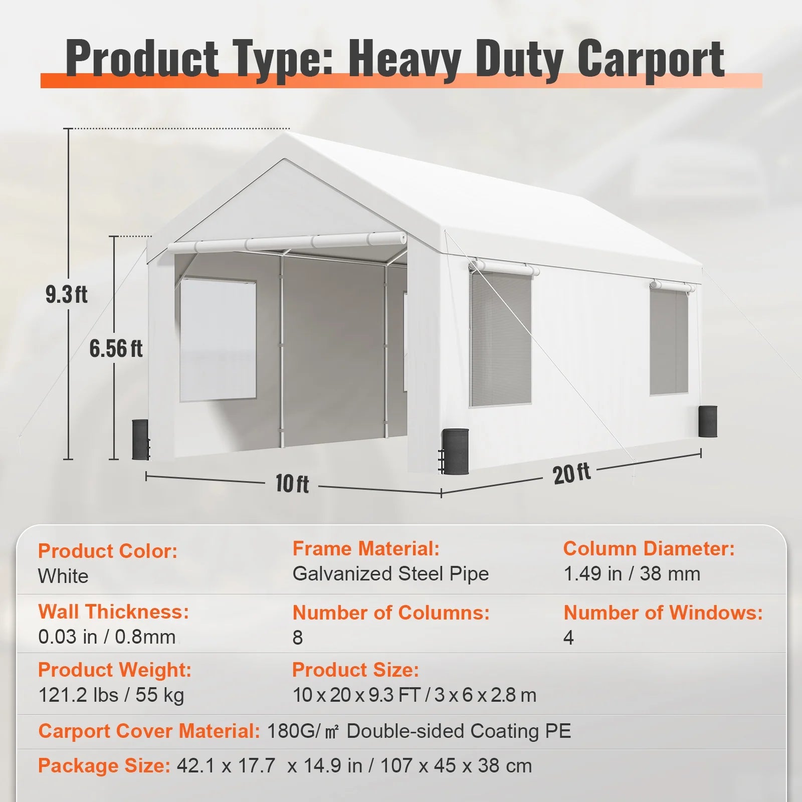 White Carport Canopy 10 x 20 Feet with Side Walls & Windows S579