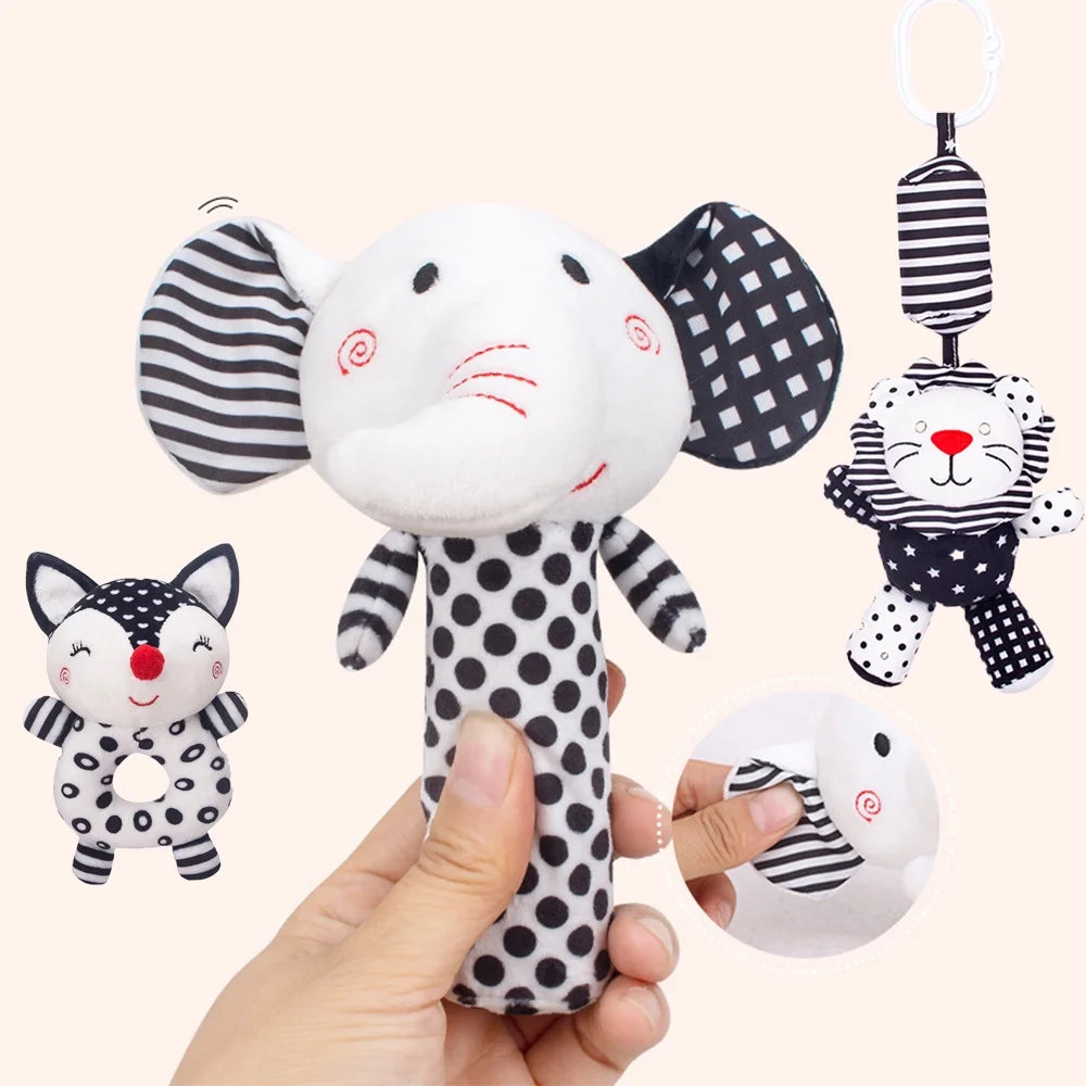 Black and White High Contrast Baby Rattles Toy Plush Stuffed Animal Rattle (3PCS) D33698