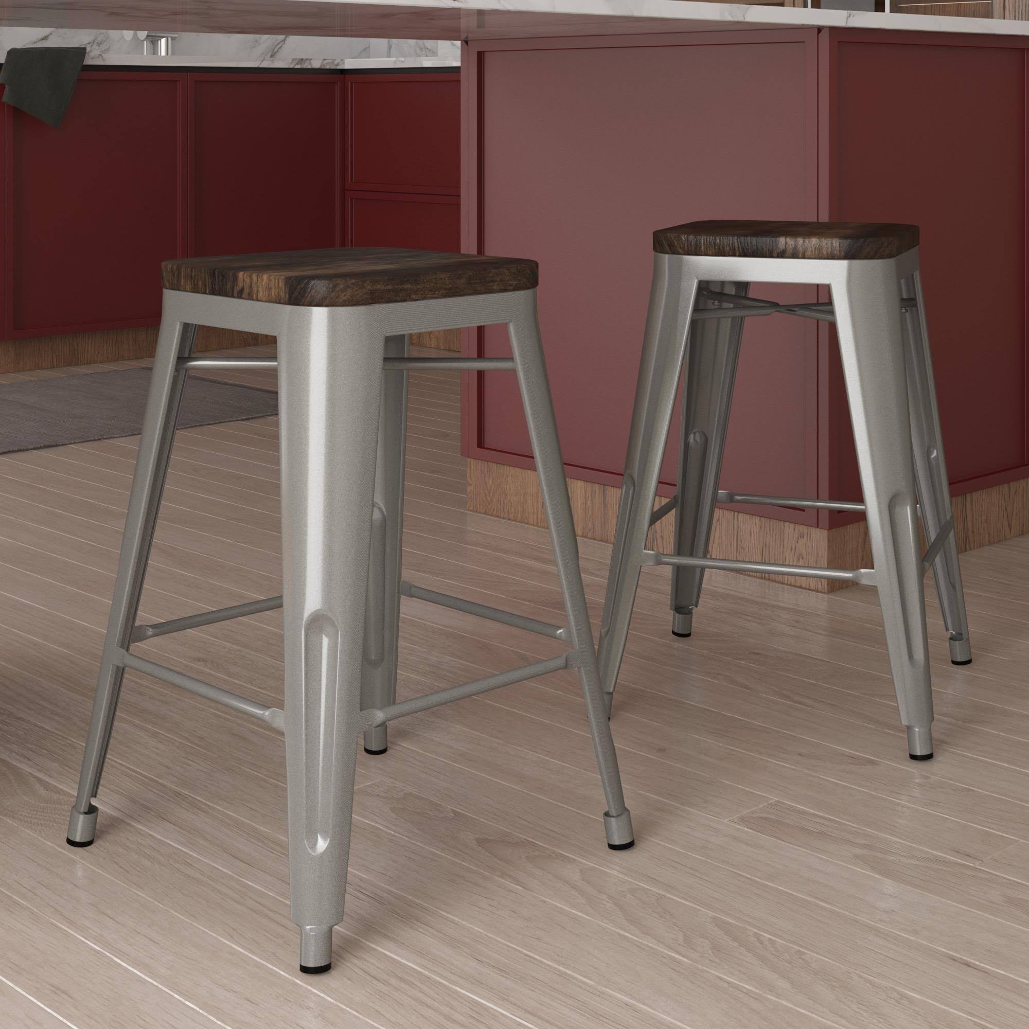 24-Inch Metal Counter Stool with Wood Seat (Set of 2) - Silver S375