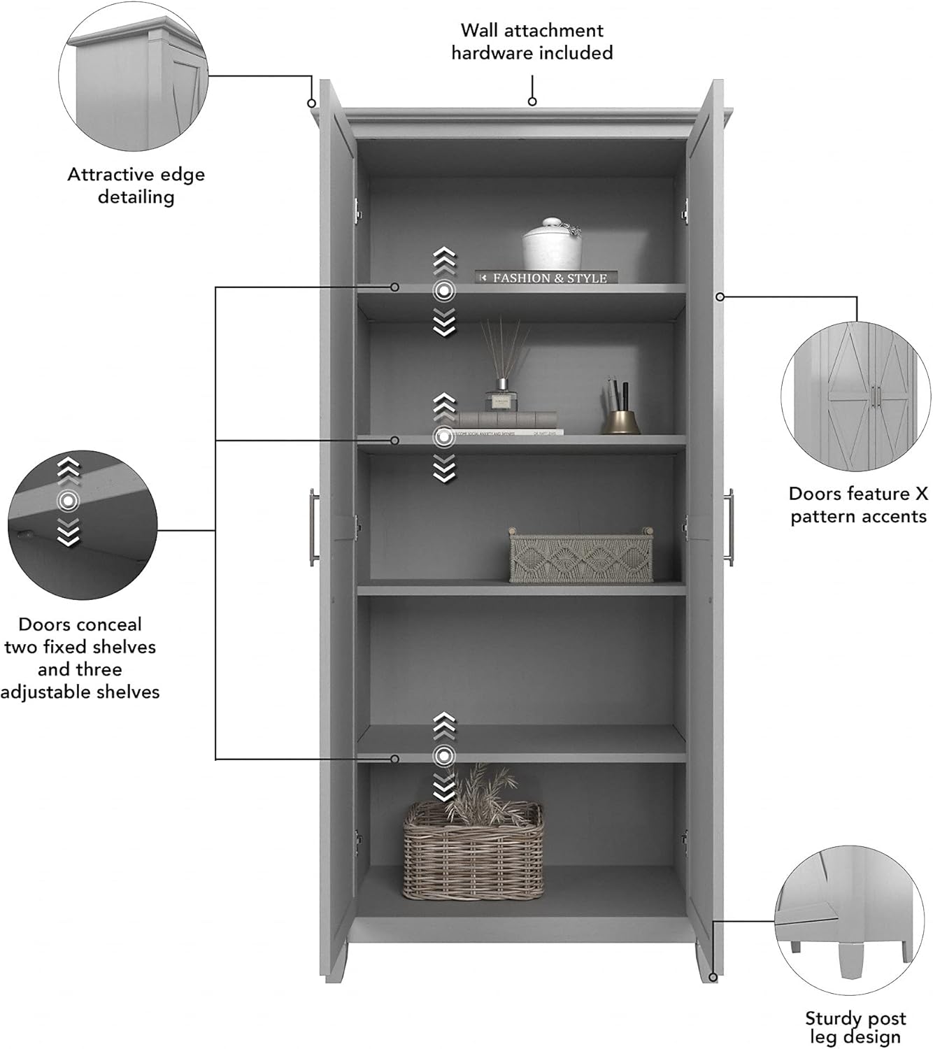 Tall Storage Cabinet with Doors, Cape Cod Gray N7095