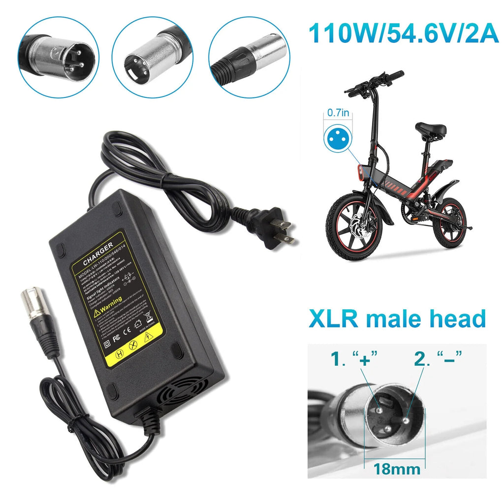 54.6V 2A Charger Electric Bike for 48 Volt Li-Ion Battery Power Supply J1297