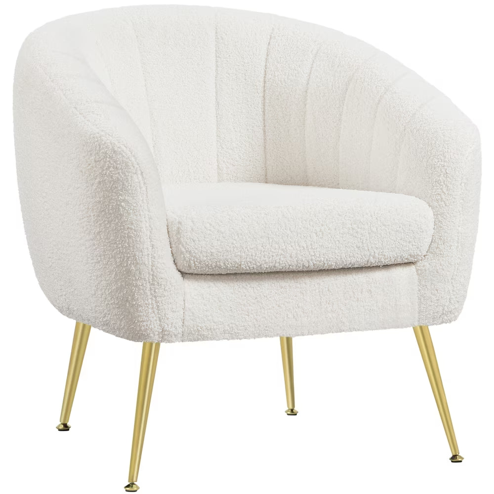 Ivory Tufted Boucle Barrel Accent Armchair with Gold Metal Legs M571