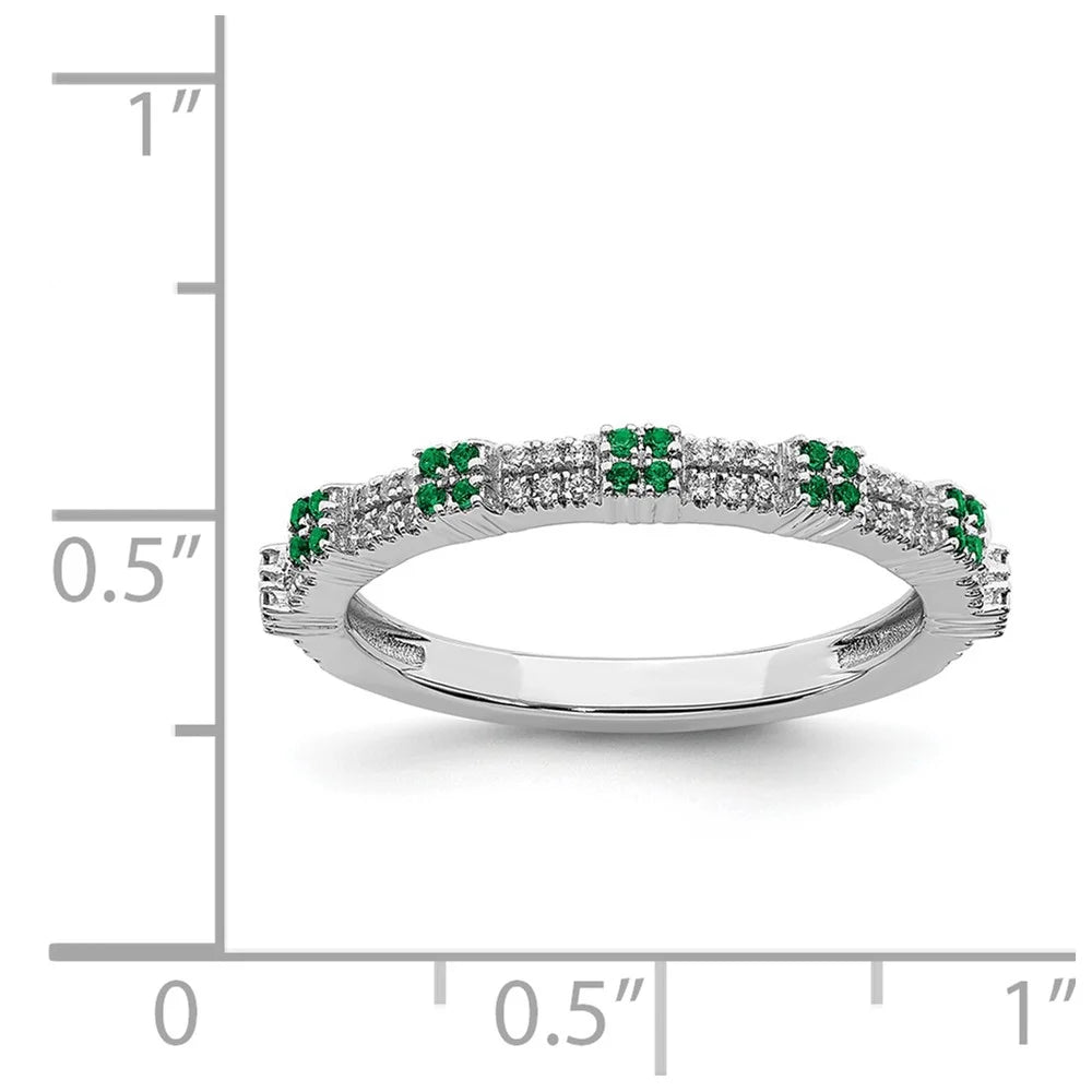 2.5mm Rhodium Sterling Silver Emerald Diamond Stack Band Sz 7 C1755