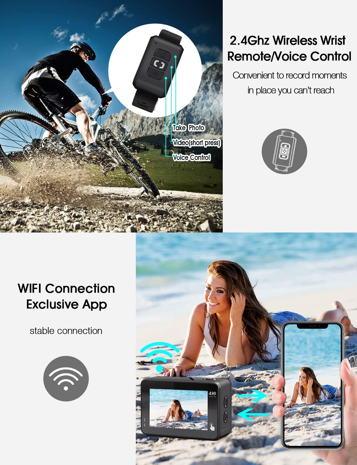 4K 60FPS Waterproof Action Camera with Stabilization, WiFi, Dual Screen, 2 Batteries J1361