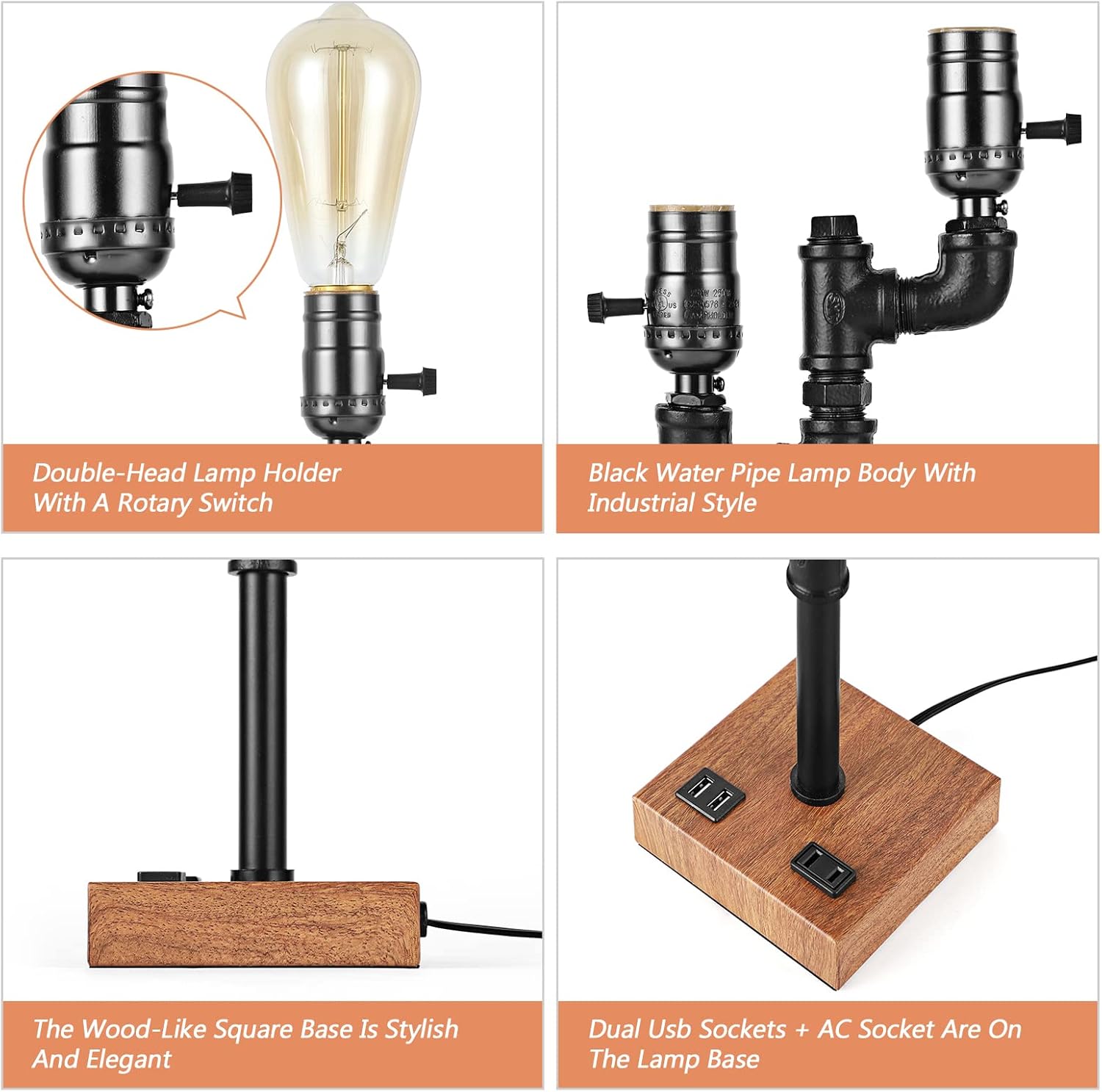 Industrial Table Lamp with 2 USB Ports AC Outlet Wood Base T28061