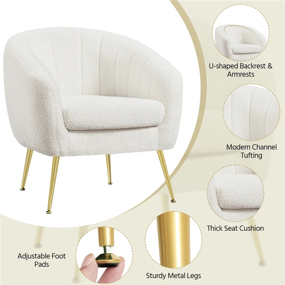 Ivory Tufted Boucle Barrel Accent Armchair with Gold Metal Legs M571