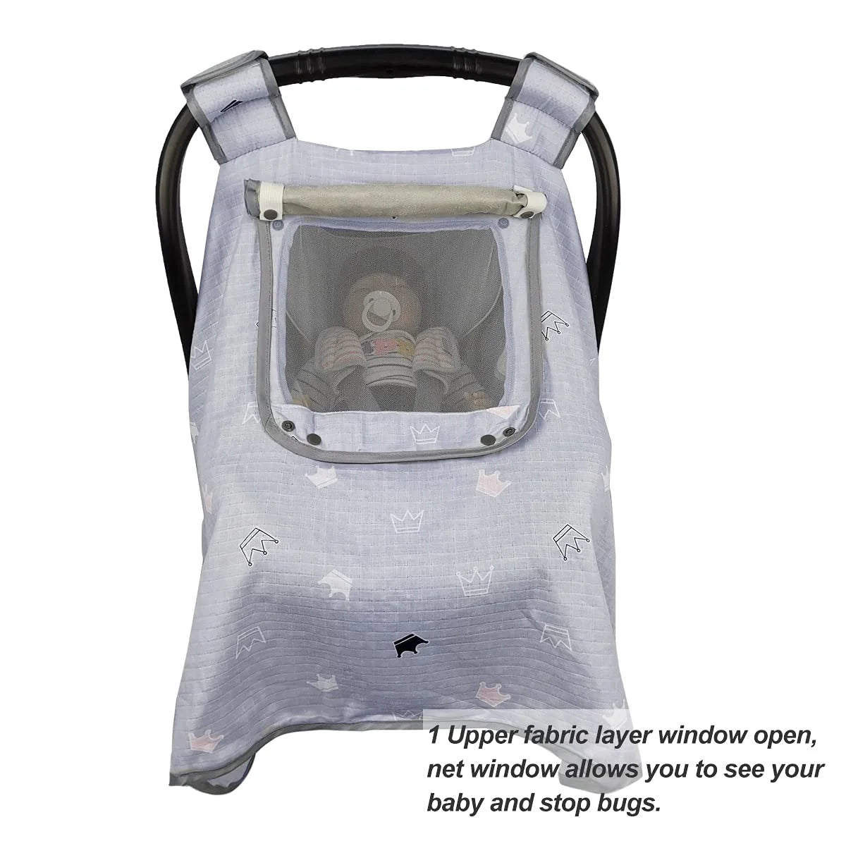 Grey Muslin Car Seat Canopy with Window F332369