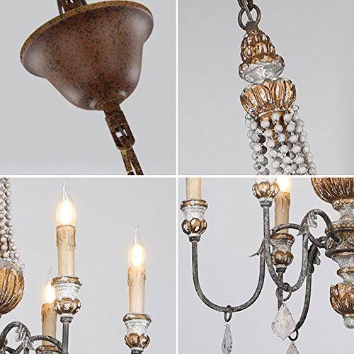 Retro Rustic 6-Light Wood Metal Crystal Candle Style Chandelier B12187