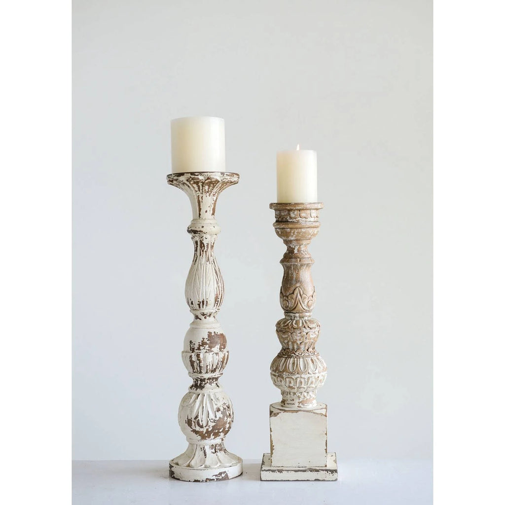 Hand Carved Mango Wood Pillar Candle Holder Y1482