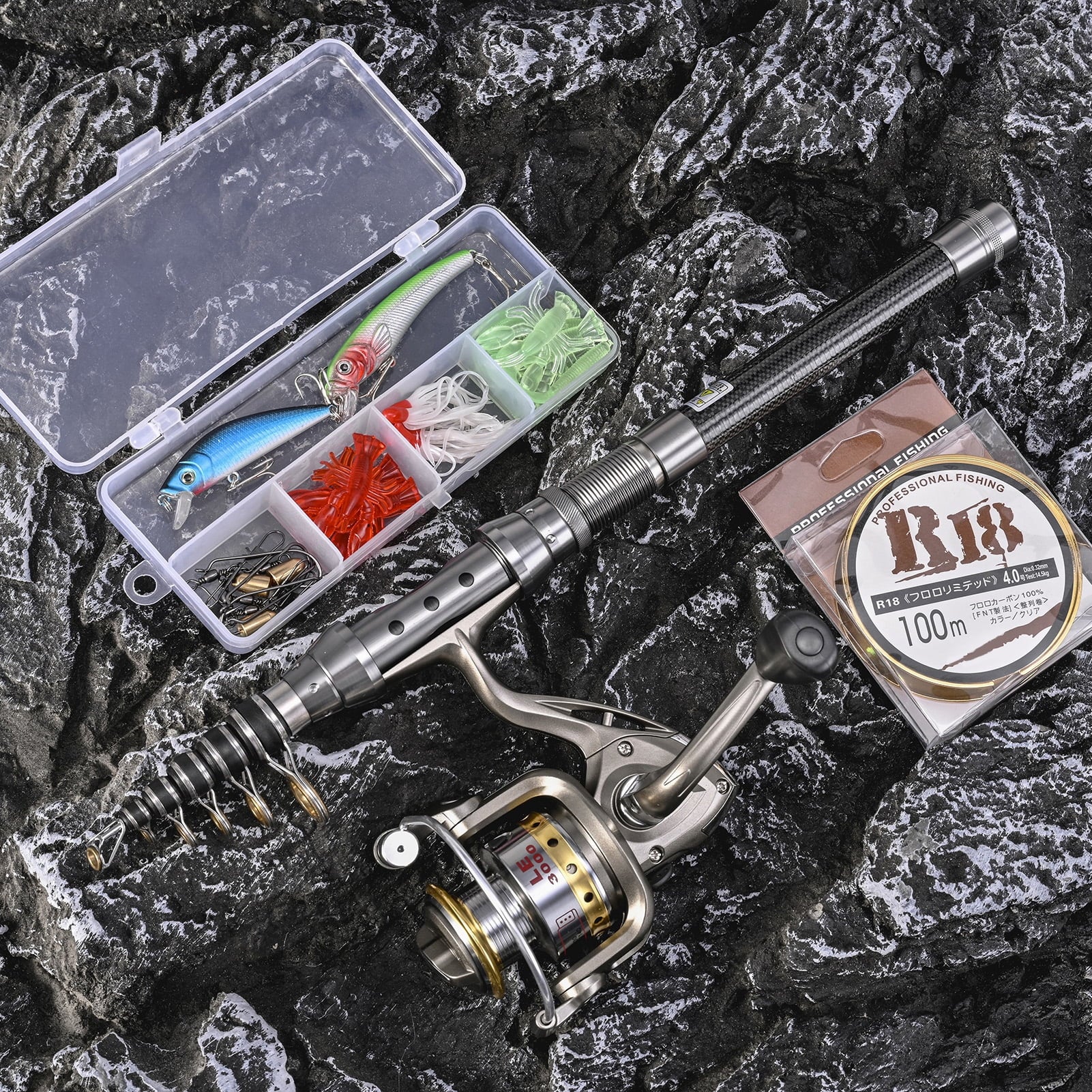 2PCS Telescopic Carbon Fiber Spinning Rod and Reel Combo Set I7691