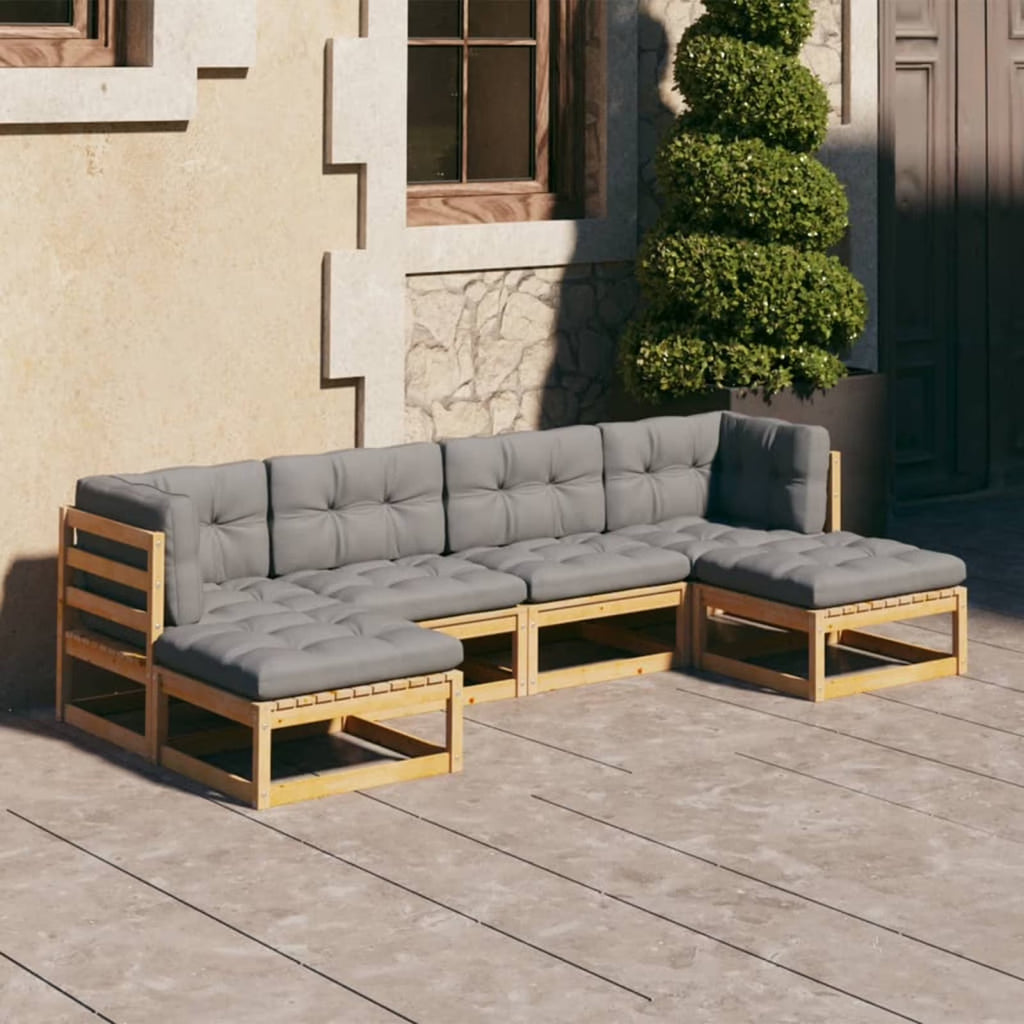 6 Piece Gray Cushioned Pinewood Outdoor Sectional Sofa Set B909
