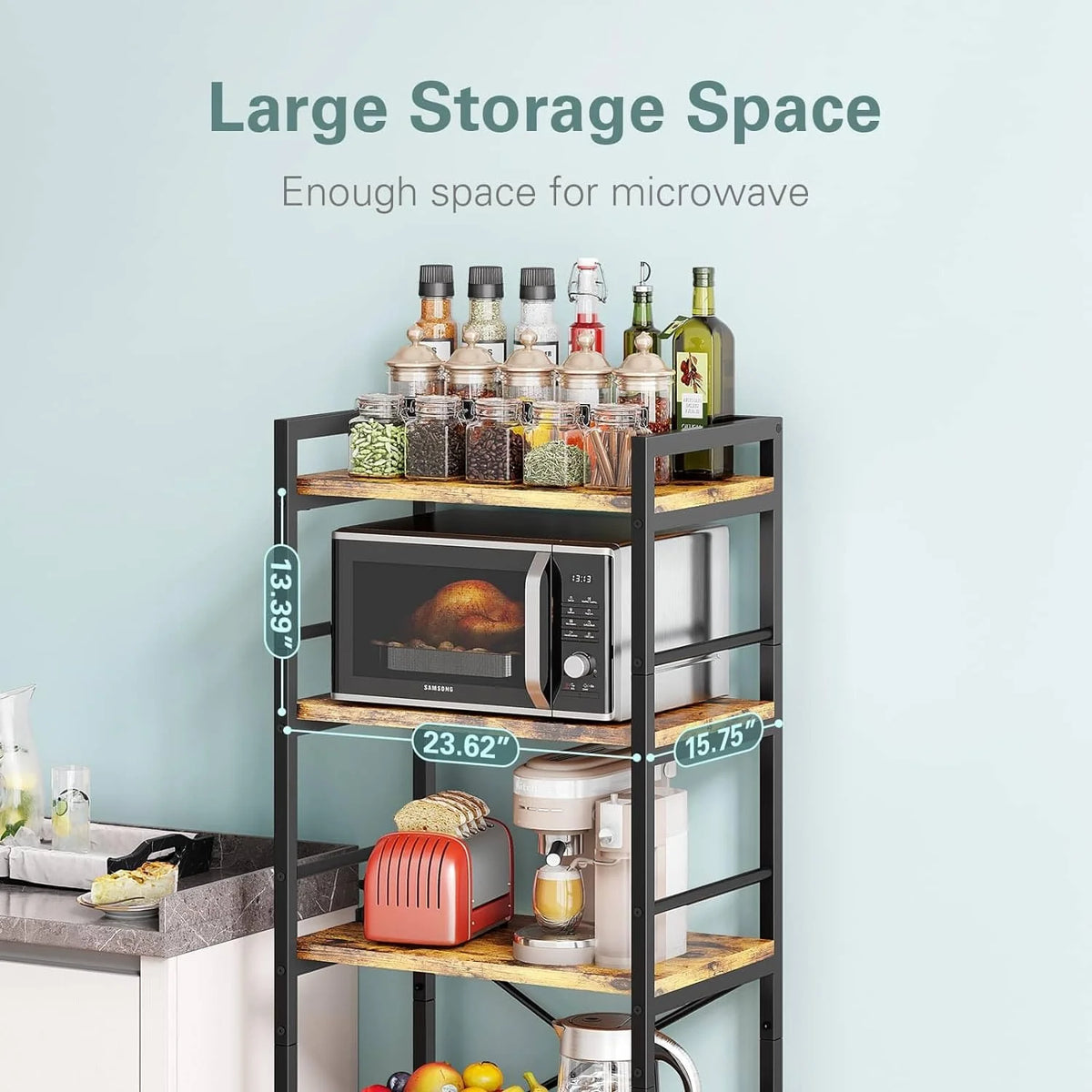 5-Tier Bakers Rack with Storage, Microwave Stand, Free Standing Kitchen Storage Shelf Rack (Black) T238