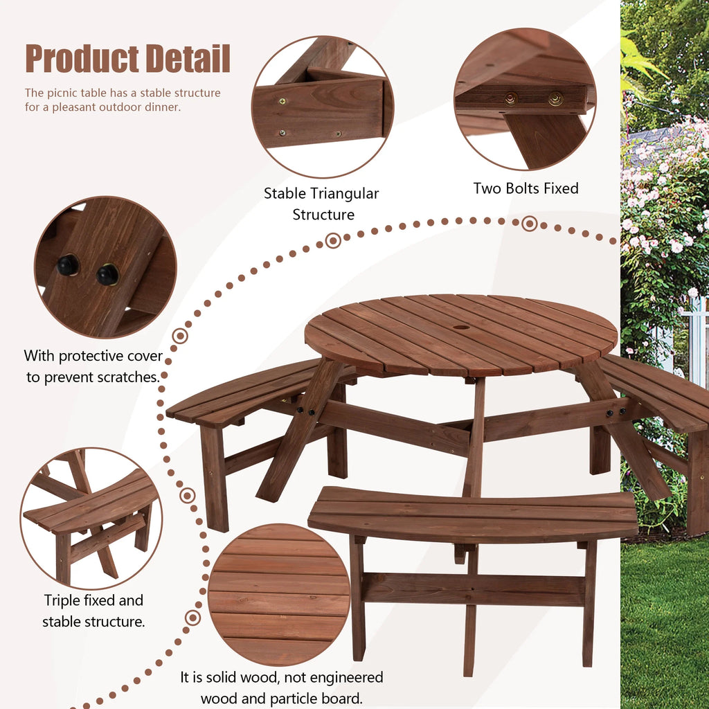 6-Person Outdoor Wooden Picnic Table with 3 Built-in Benches O551