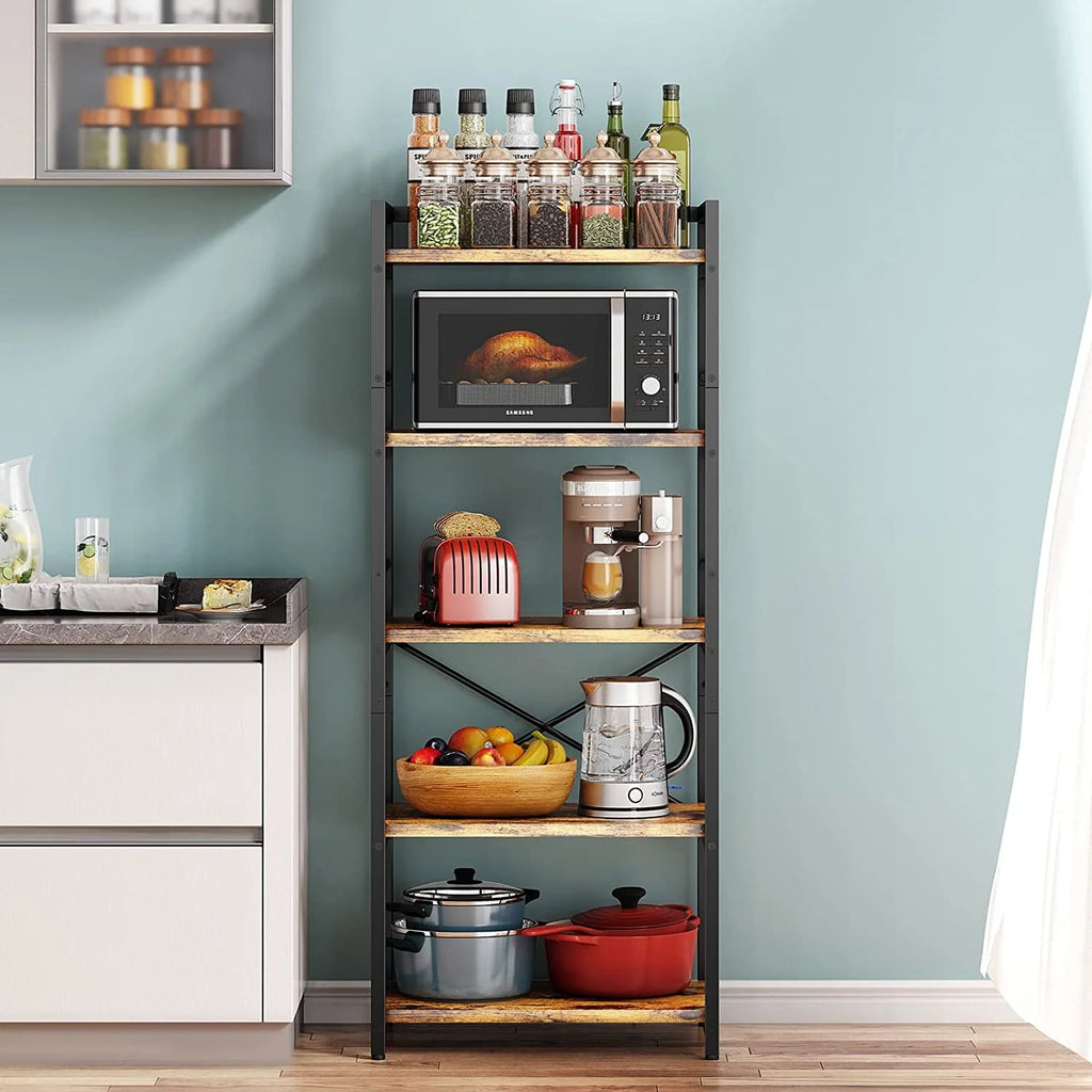 5-Tier Bakers Rack with Storage, Microwave Stand, Free Standing Kitchen Storage Shelf Rack (Black) T238