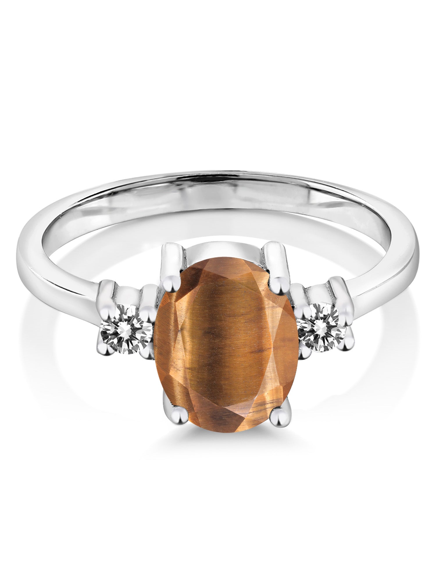 Oval Brown Tiger Eye White Diamond 925 Sterling Silver Ring G5793