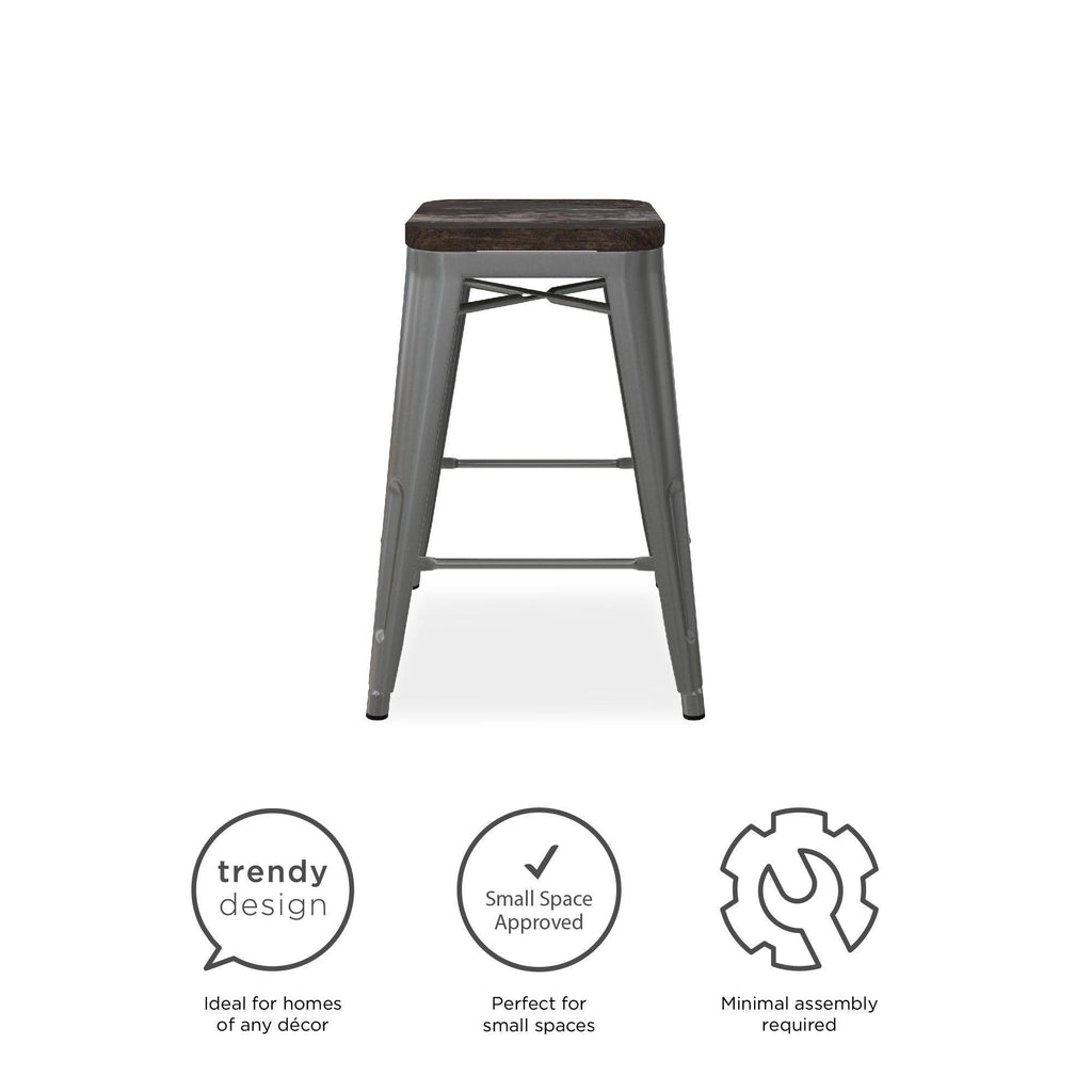 24-Inch Metal Counter Stool with Wood Seat (Set of 2) - Silver S375