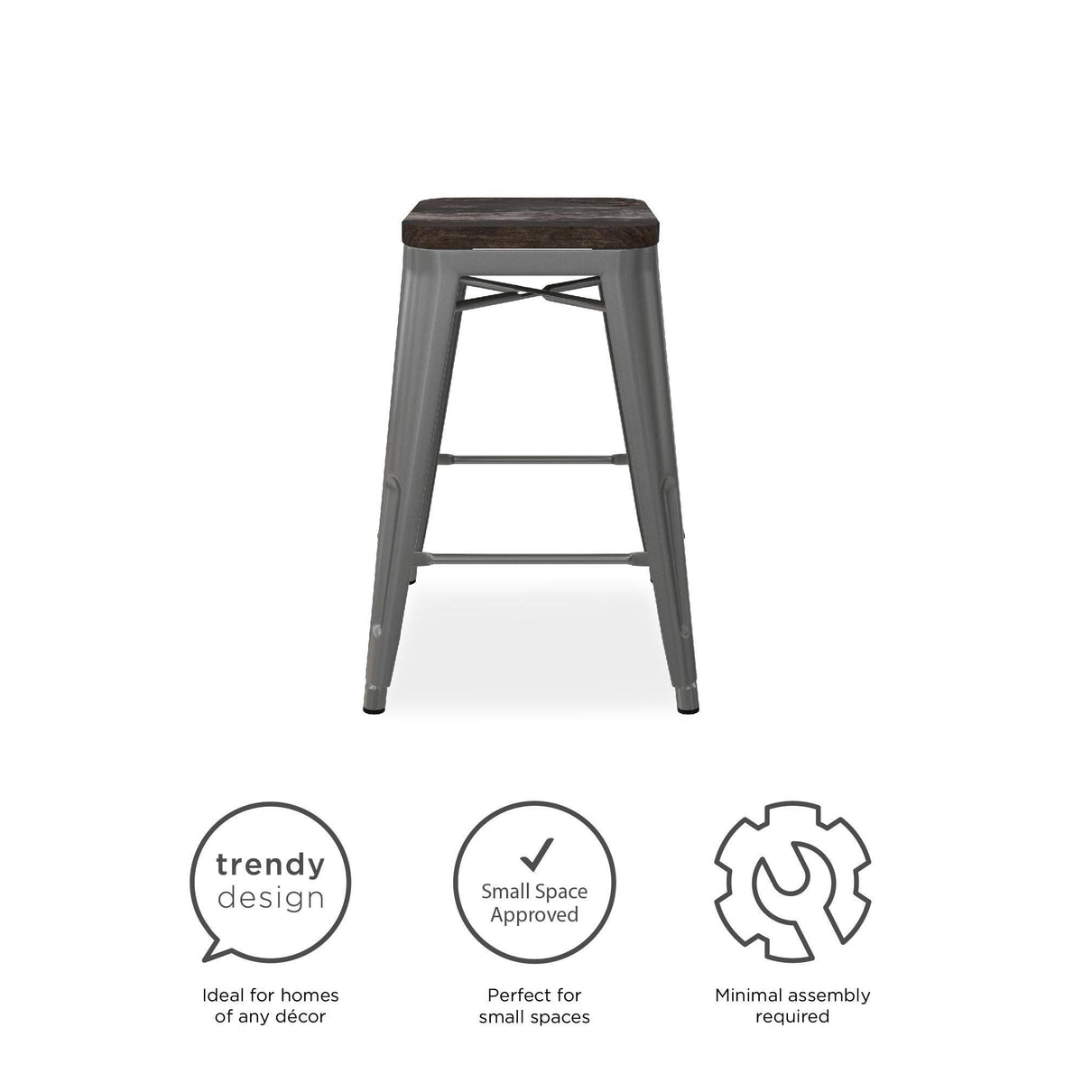 24-Inch Metal Counter Stool with Wood Seat (Set of 2) - Silver S375