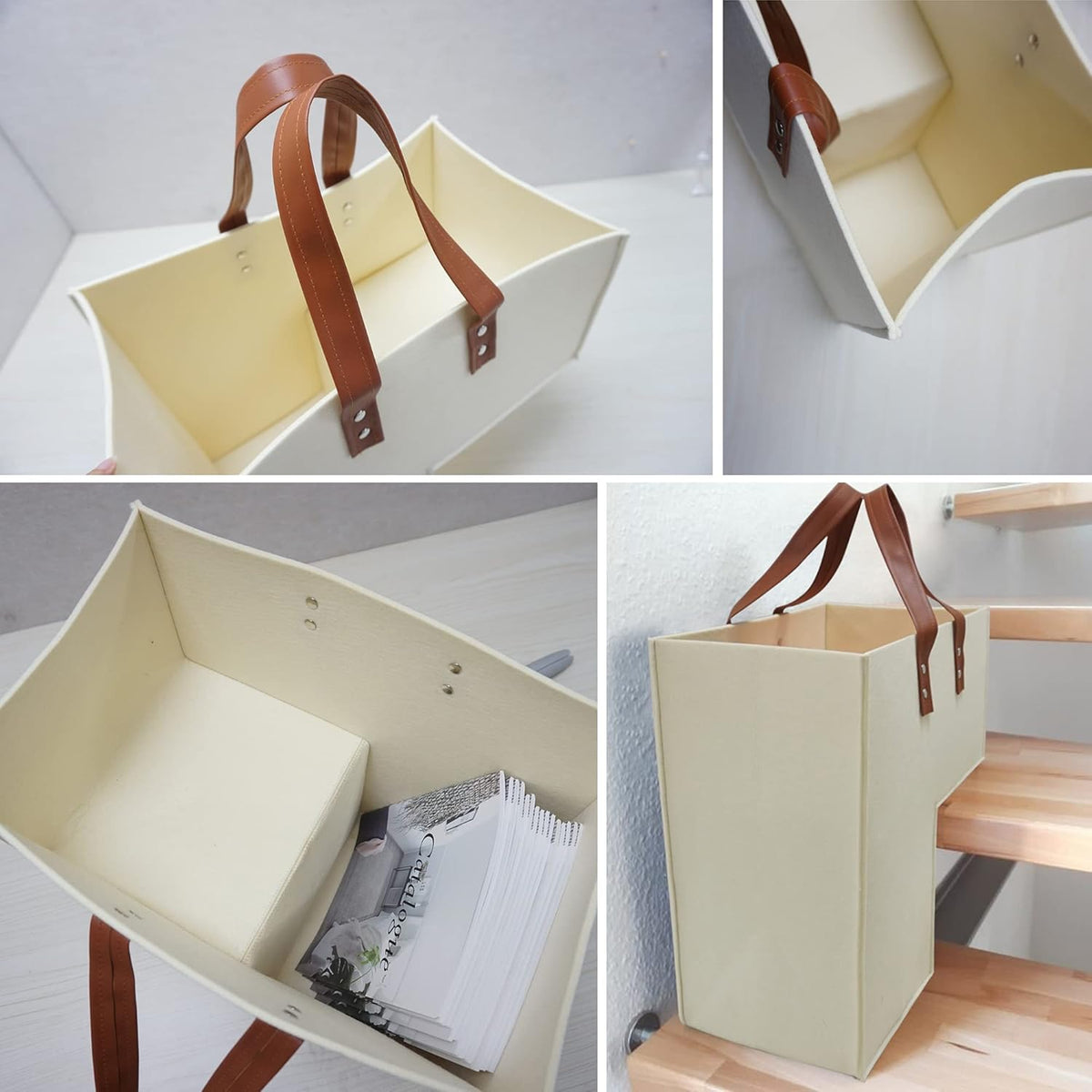 Stair Basket with Leather Handles, 4mm Felt Stair Step Storage Organizer E534777