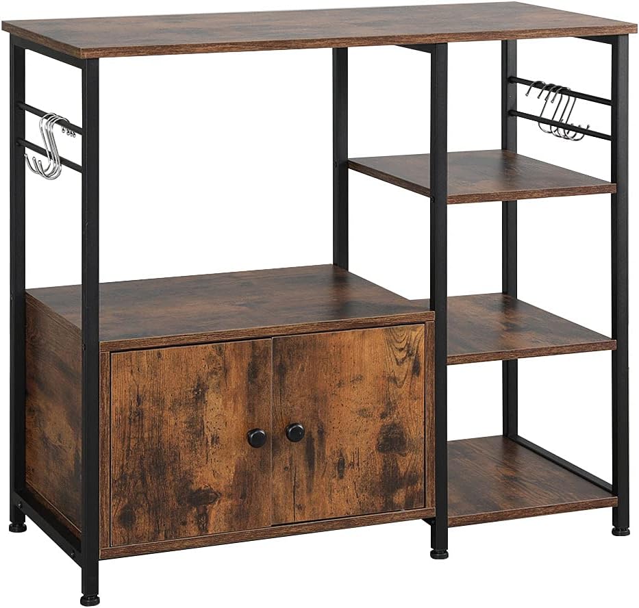 4-Tier Industrial Kitchen Baker's Rack with Storage and 8 Hooks, Rustic Brown B92146