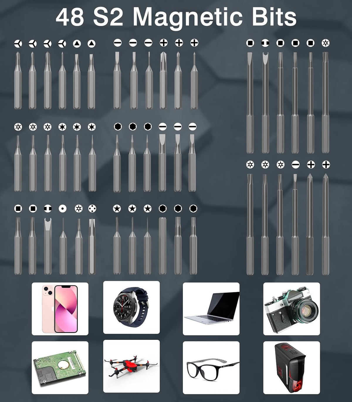 Mini Electric Screwdriver 62 In 1 Magnetic Screwdriver Kit with 48PCs Bits, Gray P7920