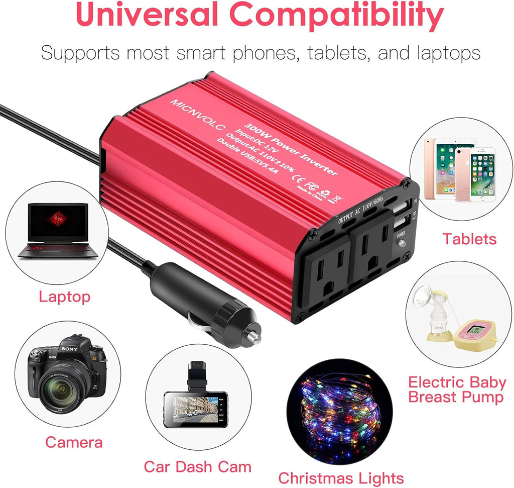 Power Inverter DC 12V to 110V AC 300W Car Inverter Charger with 5.4A Dual USB Pack of 2 Q9227