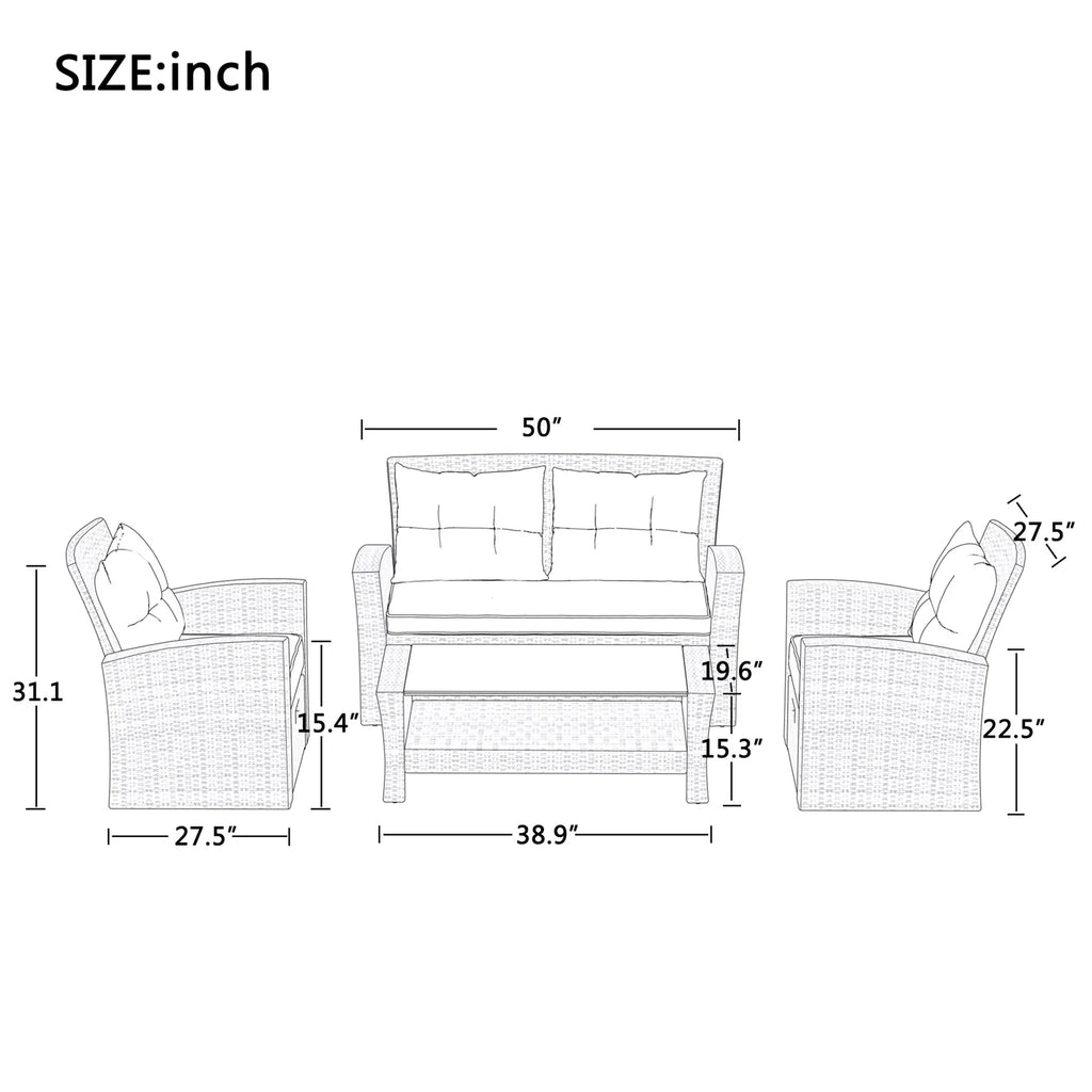 4pc Gray Outdoor Rattan Sectional Sofa with Ottoman and Cushions Z597