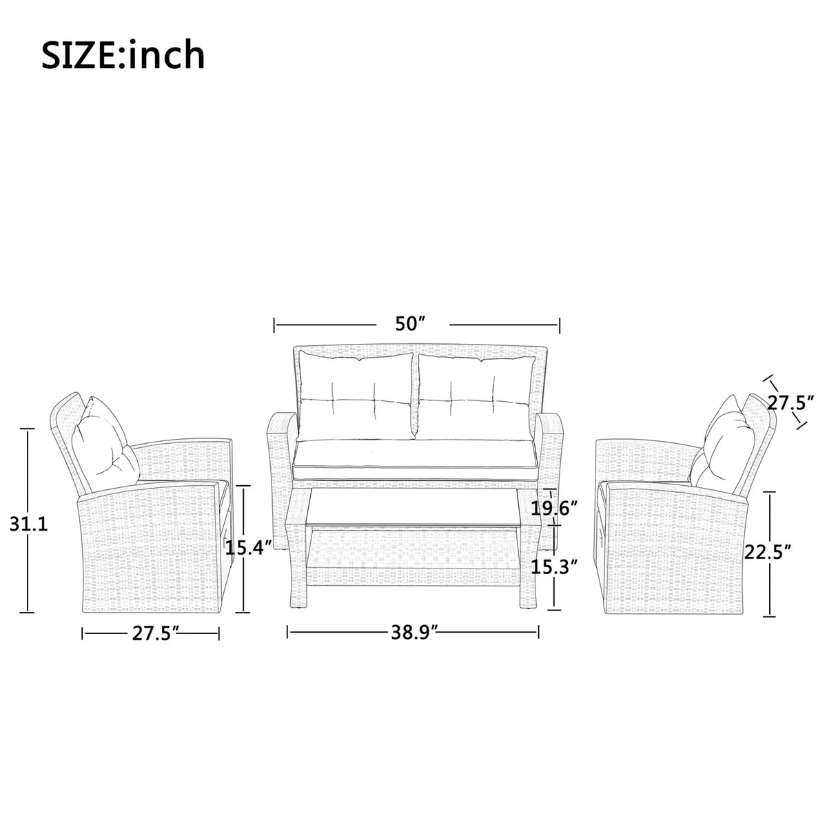 4pc Gray Outdoor Rattan Sectional Sofa with Ottoman and Cushions Z597
