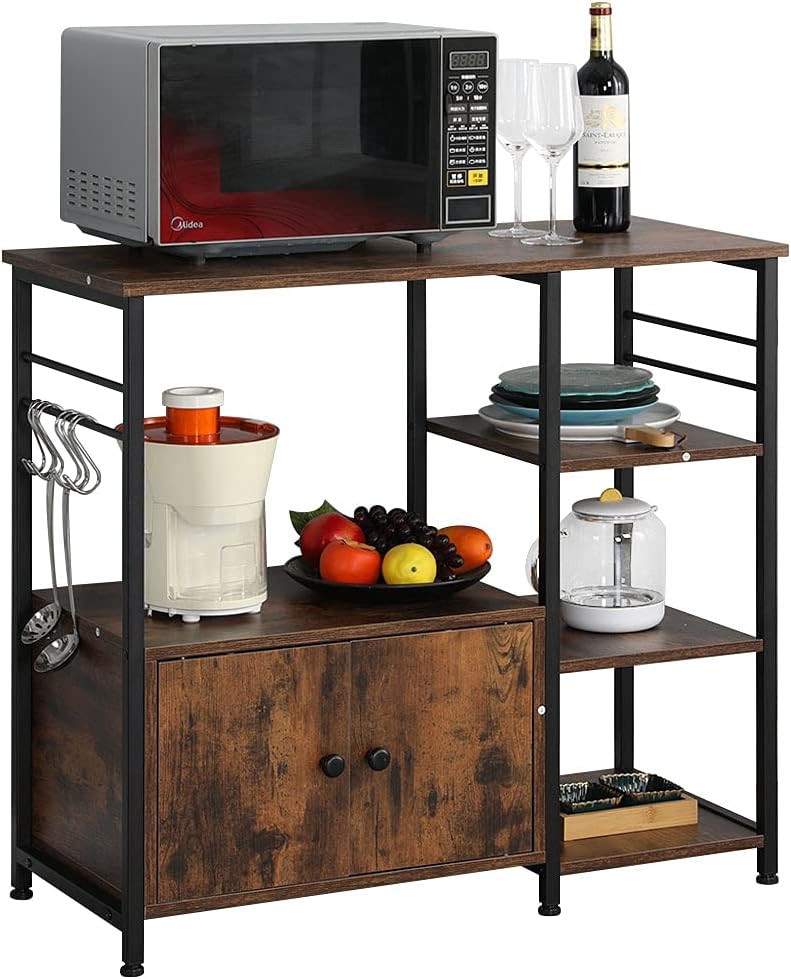 4-Tier Industrial Kitchen Baker's Rack with Storage and 8 Hooks, Rustic Brown B92146