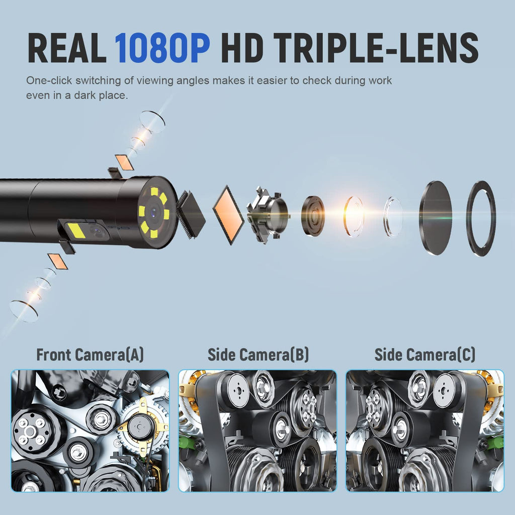 Three Lens Industrial Endoscope Camera with 4.3'' IPS Screen 1080P HD Waterproof Flexible Scope Camera T8734