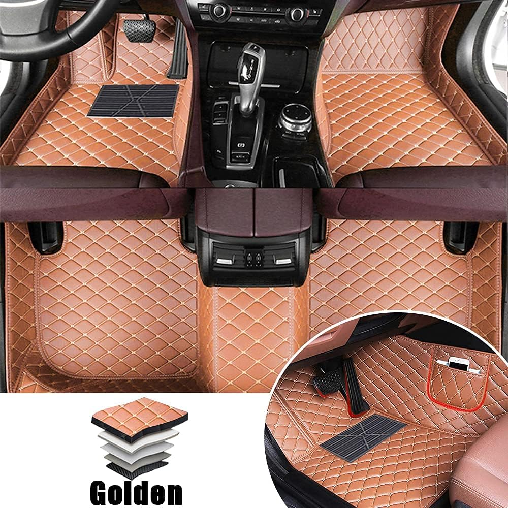 Leather Car Floor Mats Front ＆ Rear Full Coverage Liner/Set (Gold Color) B145033