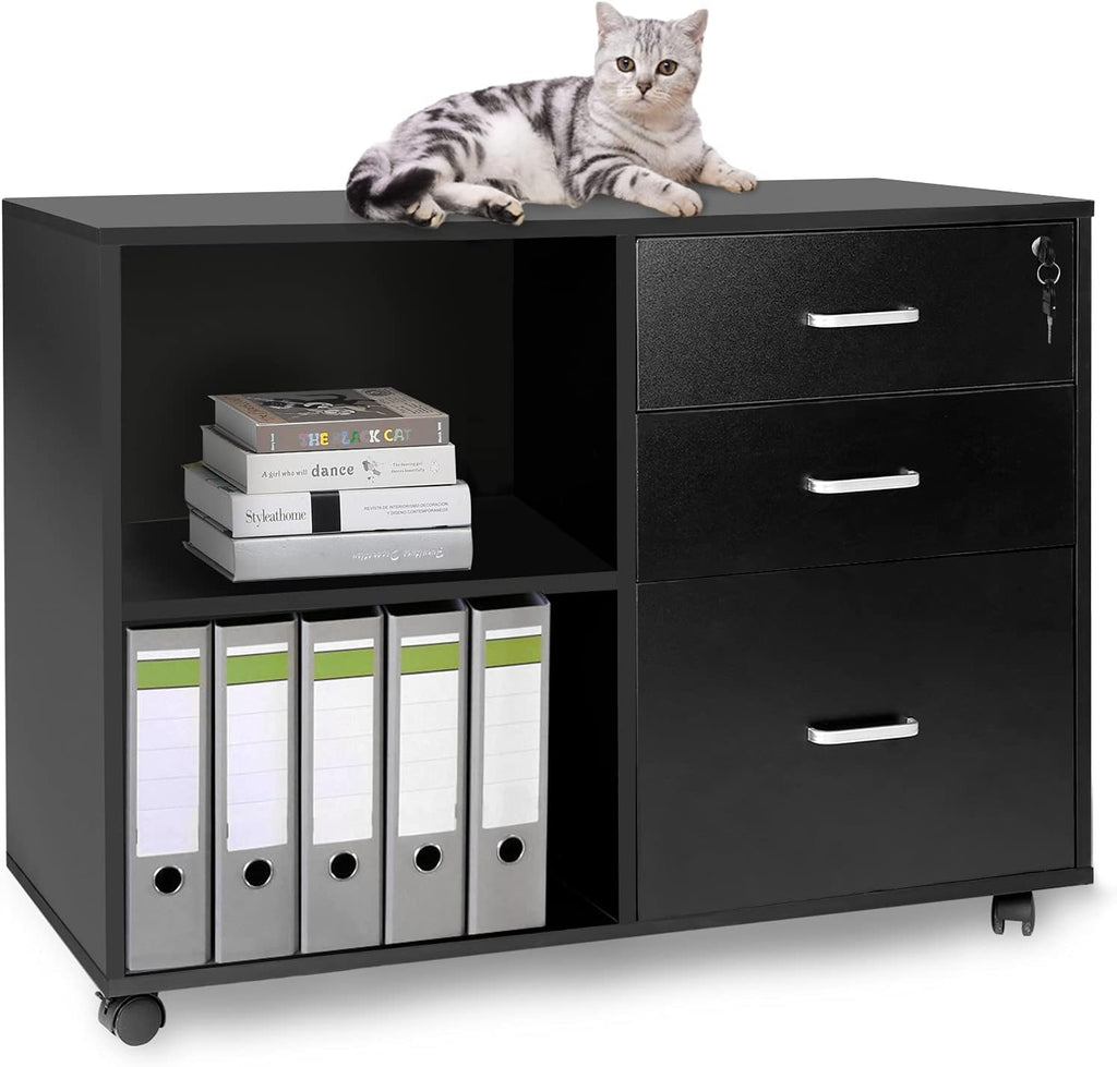 3-Drawer Wood File Cabinet with Lock and Open Storage Shelves F92213