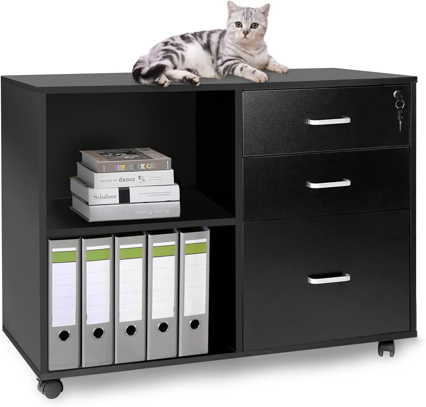 3-Drawer Wood File Cabinet with Lock and Open Storage Shelves F92213
