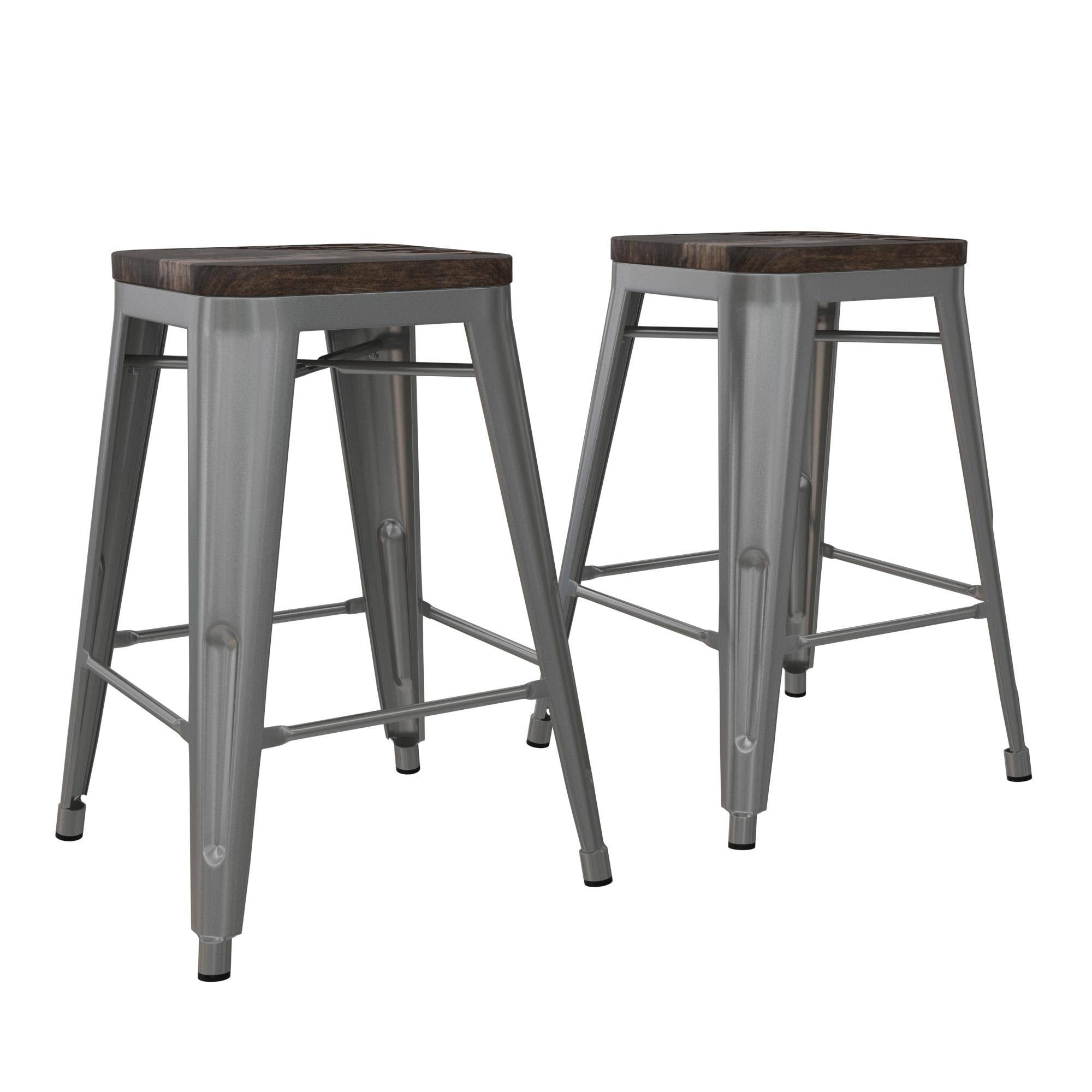 24-Inch Metal Counter Stool with Wood Seat (Set of 2) - Silver S375
