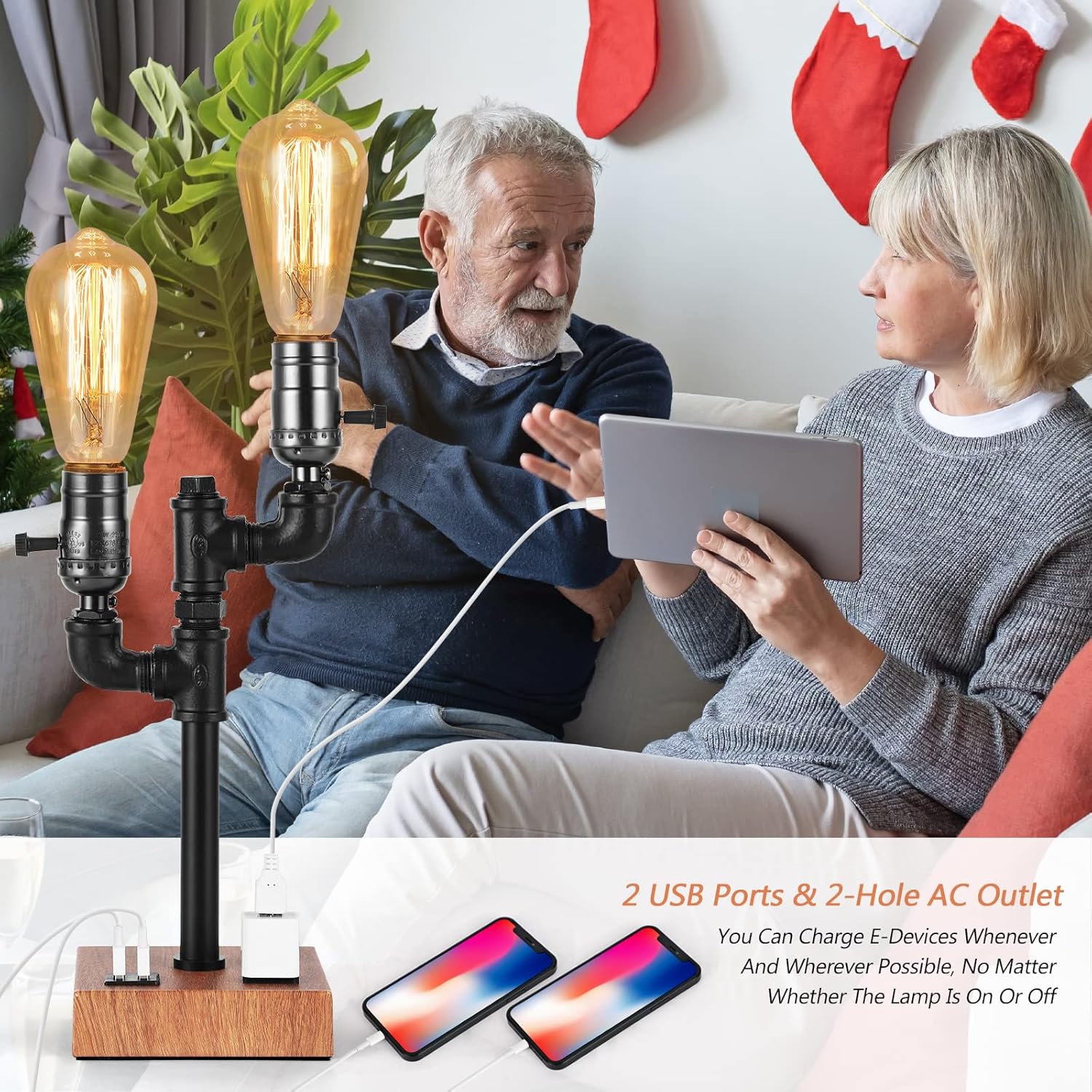 Industrial Table Lamp with 2 USB Ports AC Outlet Wood Base T28061