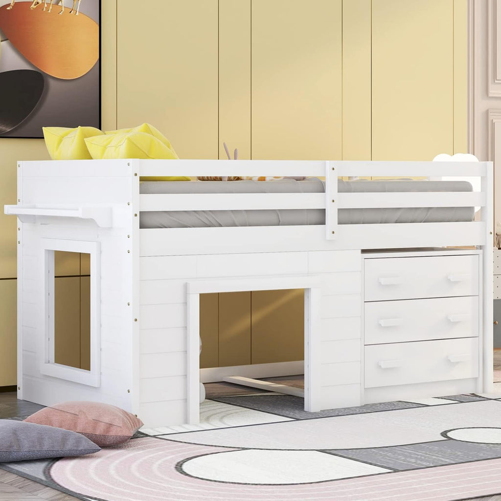 White Wood Twin Low Loft Bed Frame with Storage Drawers and Cabinet C254357