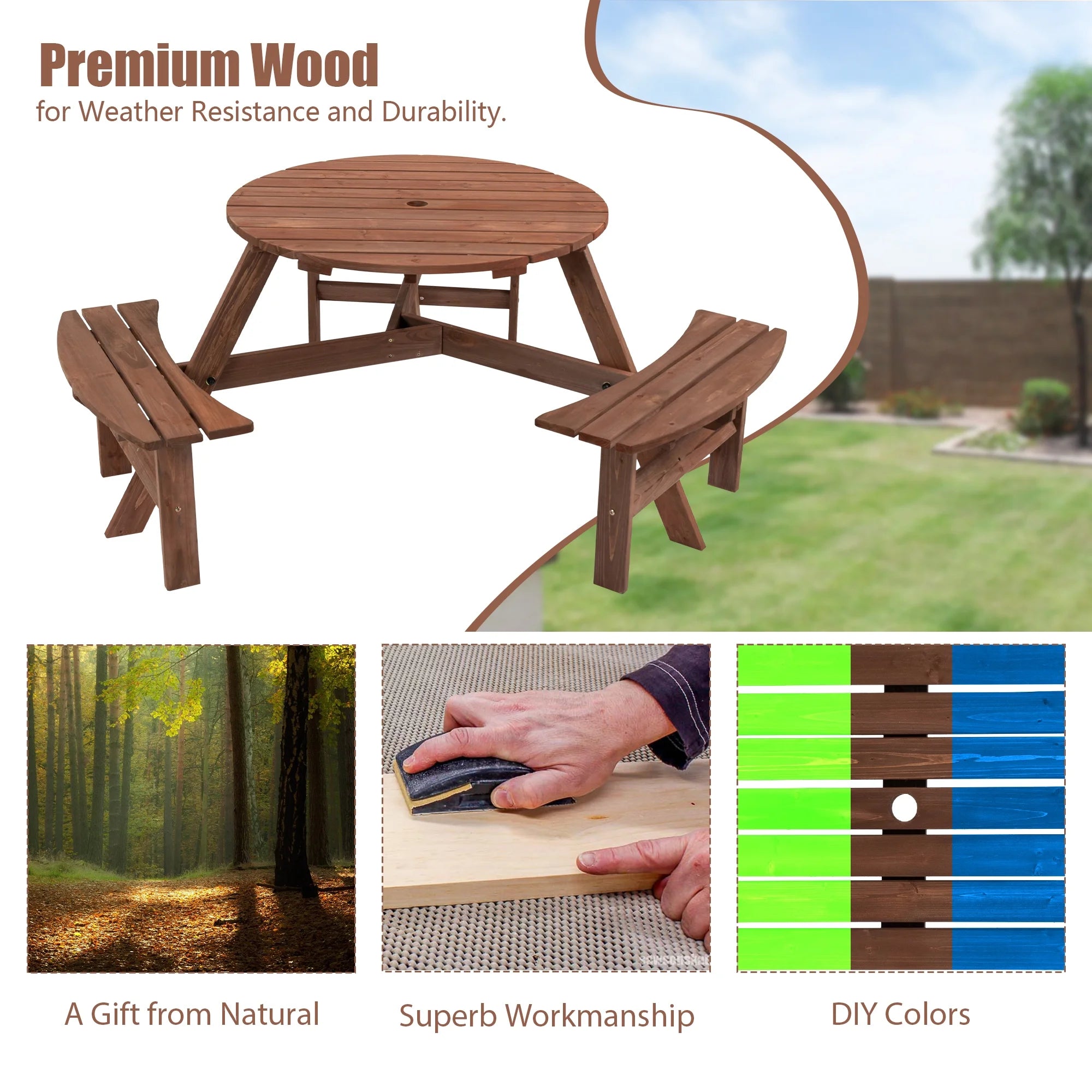6-Person Outdoor Wooden Picnic Table with 3 Built-in Benches O551