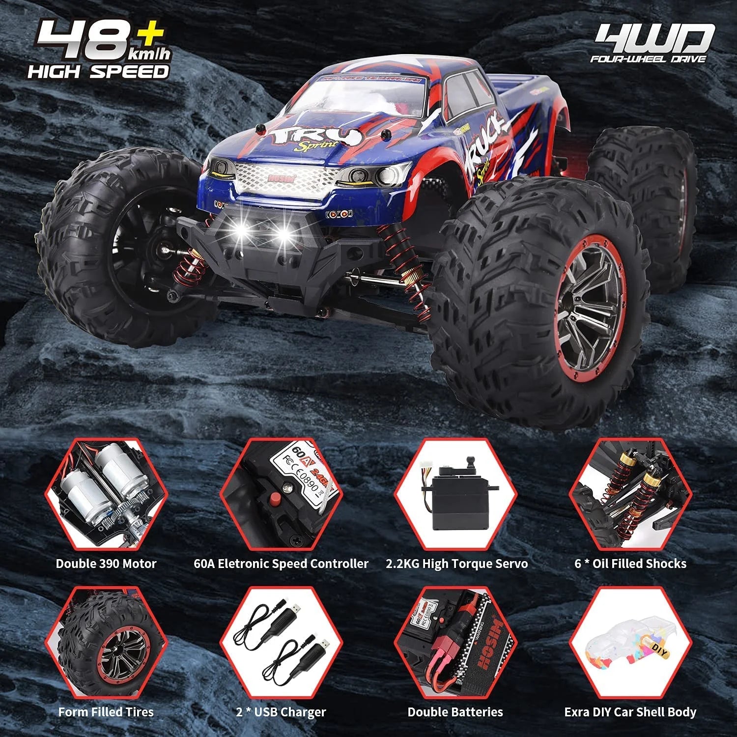 1:10 4WD RC Monster Truck, 48+ KMH, 2 Batteries P194